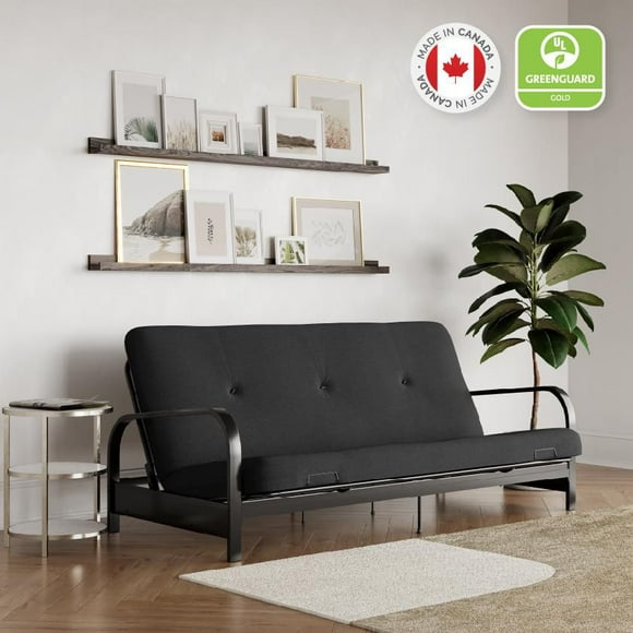 Mainstays Black Metal Arm Futon Frame with 6 inch Full Size Mattress & Retainer Covers