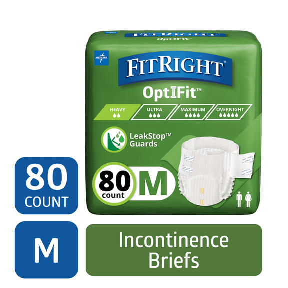 FitRight Adult Incontinence Briefs, Diapers with Tabs, Leak Stop Guards, Heavy Absorbency, Medium, 32in to 44in, 80 Count