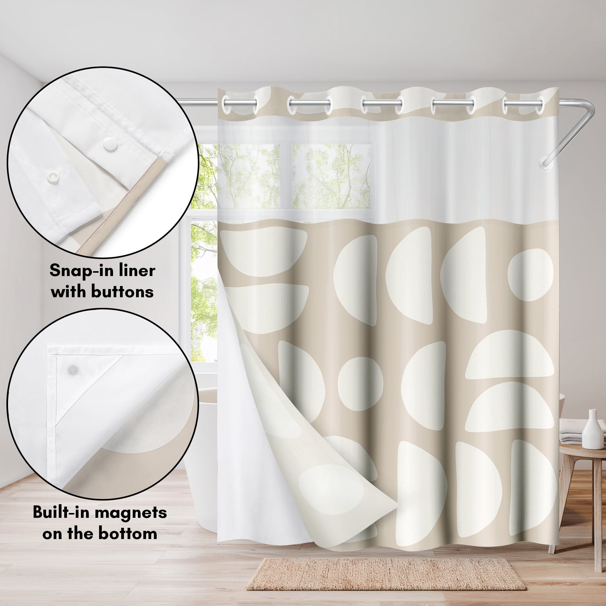 Americanflat 72x75 Hookless Shower Curtain - Abstract Khaki Cream Shower Curtain with Sheer Panel, Snap-In Liner, and Grommets - 100% Polyester