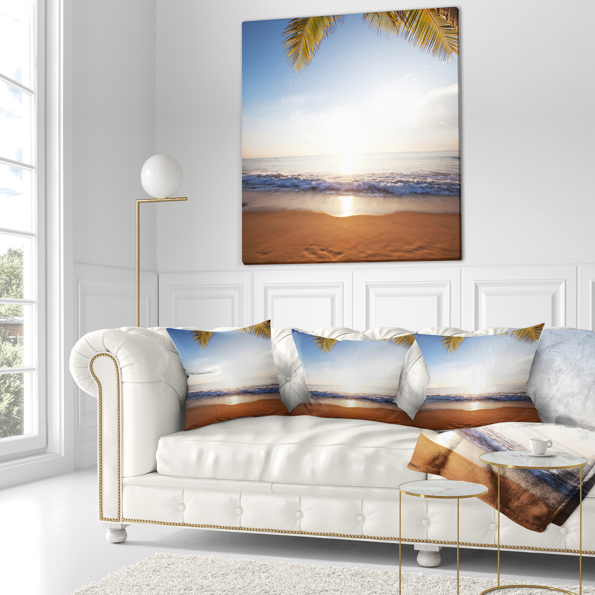Designart Deserted Beach with Palm Leaves - Seashore Throw Pillow - 16x16