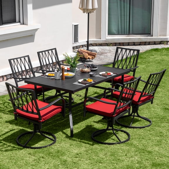 Nuu Garden 7 Piece Outdoor Patio Metal Dining Set with Swivel Cushioned Chairs & Rectangle Table for 6-Person,Black and Red Cushion