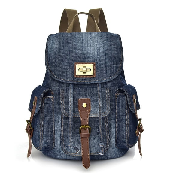 Backpack For Women Vintage Denim Backpacks Flip Cover Drawstring Closure Casual Travel Pack Dark Blue
