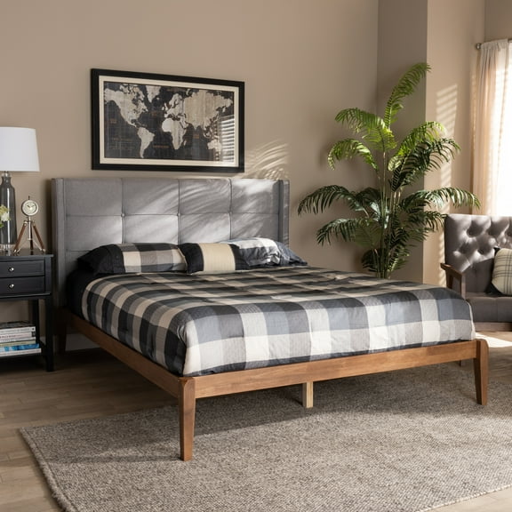 Baxton Studio Edmond Modern and Contemporary Grey Fabric Upholstered and Ash Walnut Brown Finished Wood King Size Platform Bed