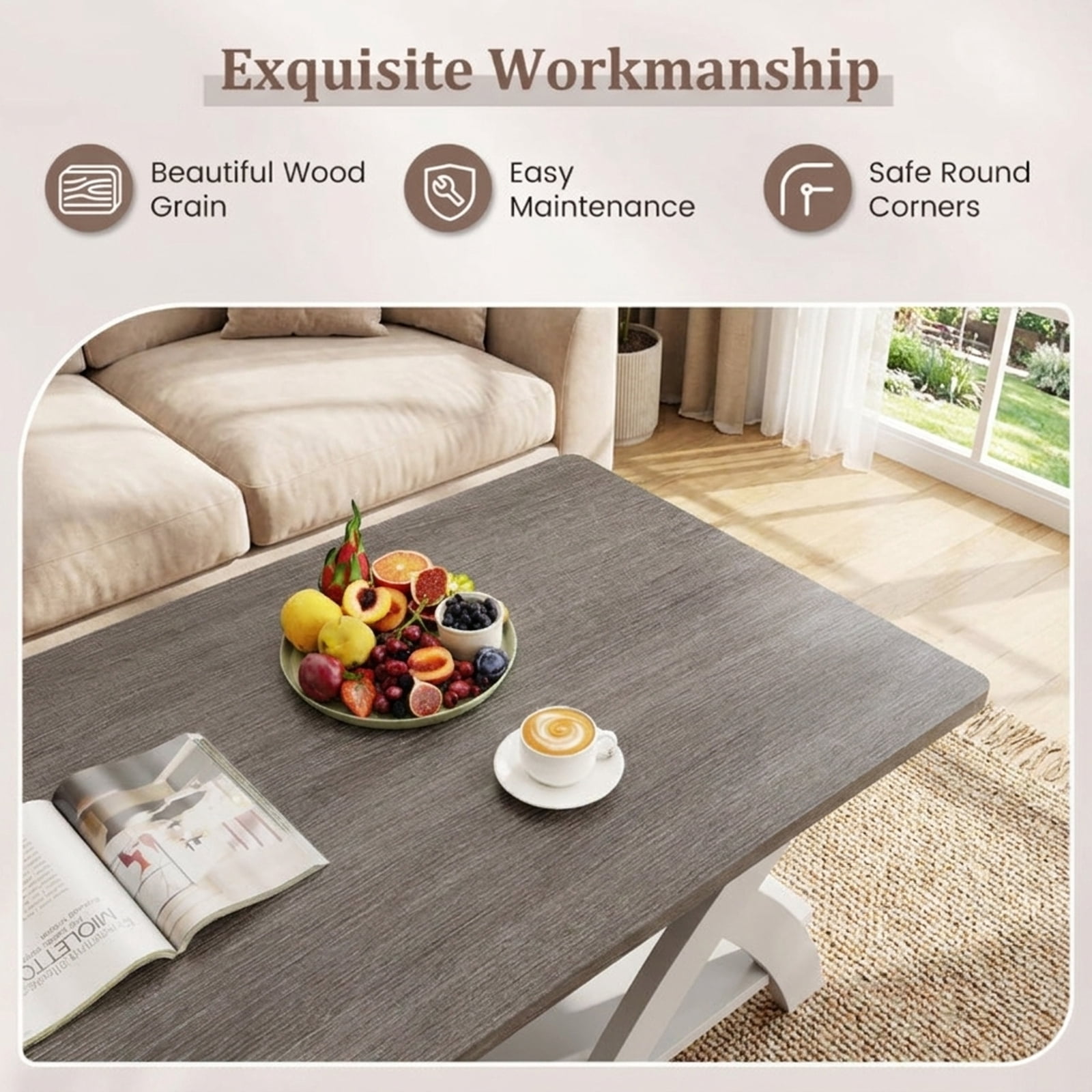 Furnibear 40 Inch Farmhouse Wooden Coffee Table with Storage Shelf with X-shaped Legs - Gray - Living Room Cocktail Center Table