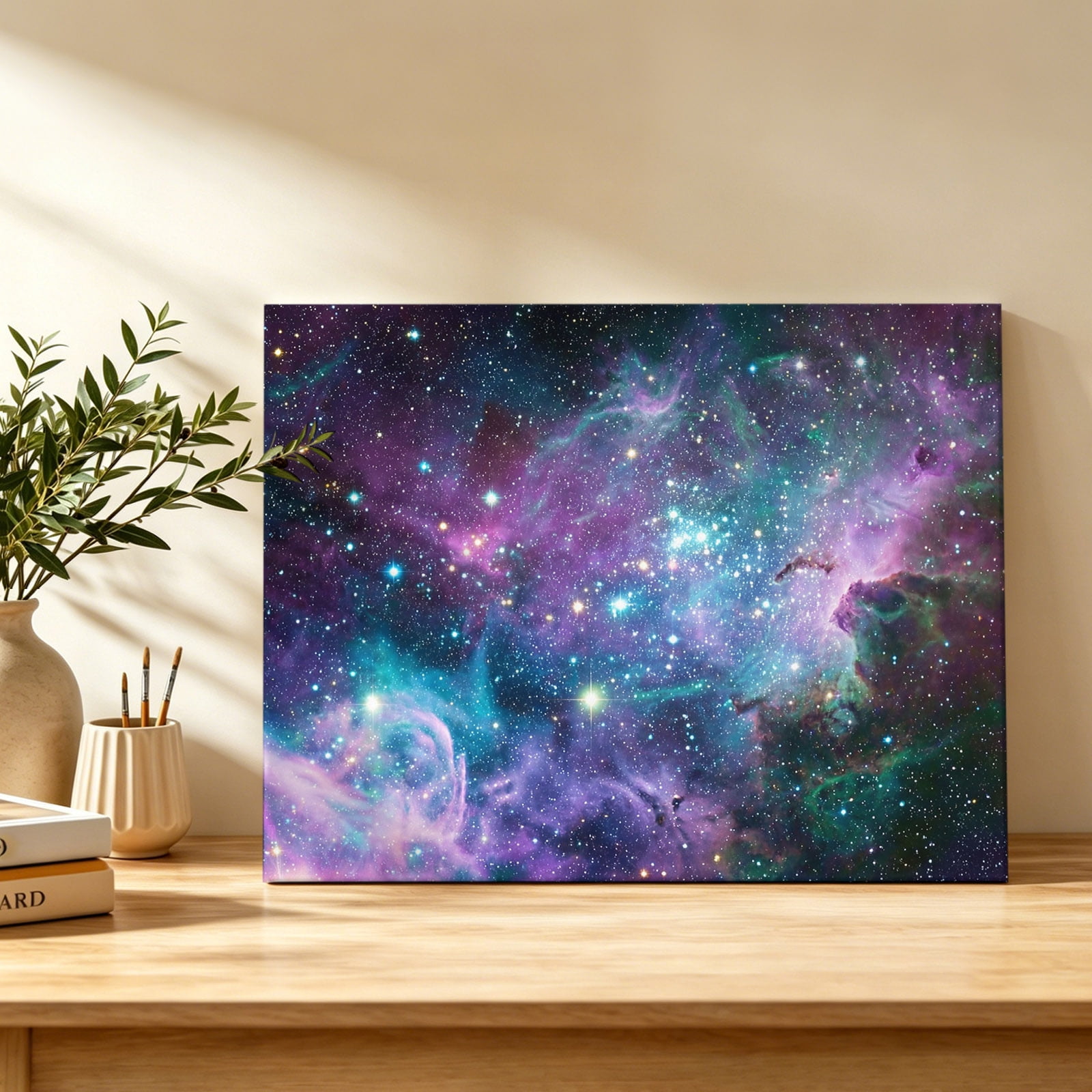 Cosmic Stars Canvas Wall Art Purple Pink Starry Sky Gradual Abstract Wall Art Prints Artwork Framed Canvas Ready to Hang Art Pictures for Bedroom Living Room Closet Kitchen 16 x 12