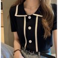 thumbnail image 2 of Camiseta de mujer Blusa de solapa delantera con botones Camiseta suelta de manga corta para niña, Negro sidaley AP001518-01B, 2 of 7