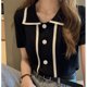 thumbnail image 2 of Camiseta de mujer Blusa de solapa delantera con botones Camiseta suelta de manga corta para niña, Negro Inevent AP001518-01B, 2 of 7