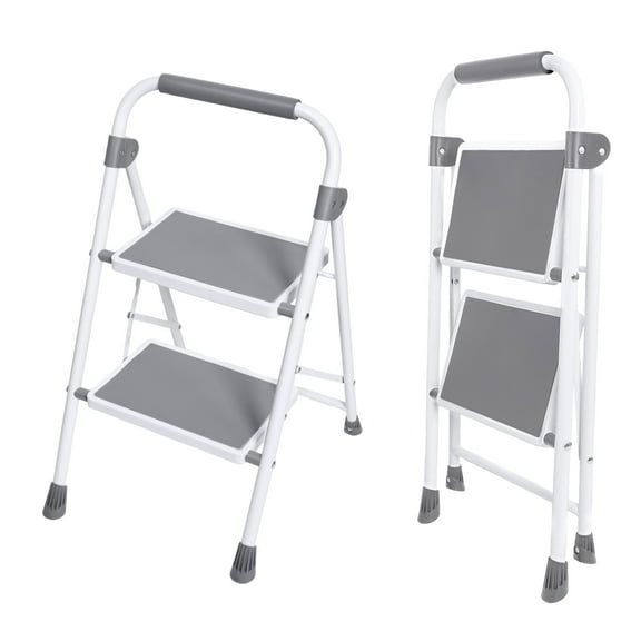 JIOABL 2 step ladder with Non-Slip Pedals and Comfortable Handrails - Portable Steel Ladder with 800 lbs Capacity - Ideal for Kitchen, Garage, and Outdoor Use -Gray