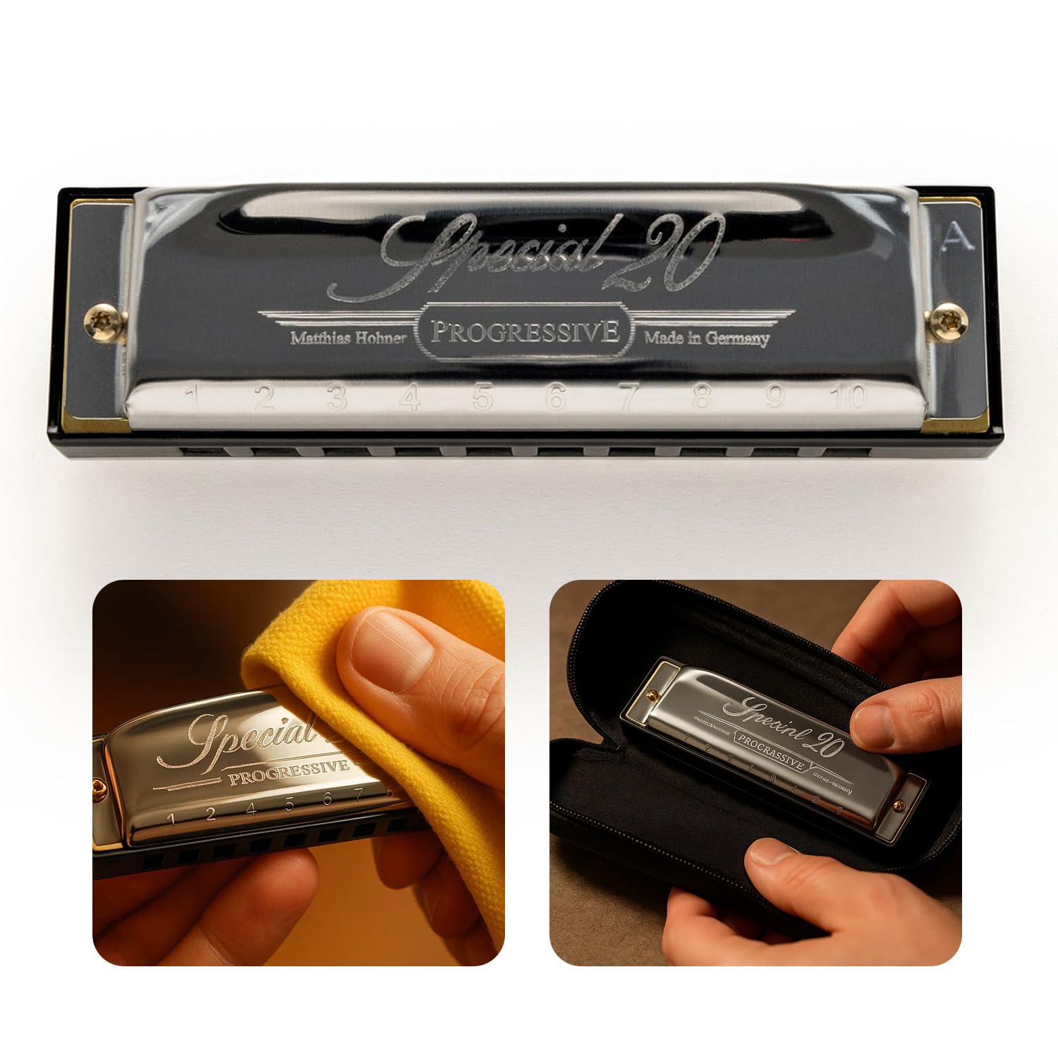 Hohner Special 20 Country Tuned Harmonica - Key of A Bundle with Case, Pouch, and Austin Bazaar Polishing Cloth