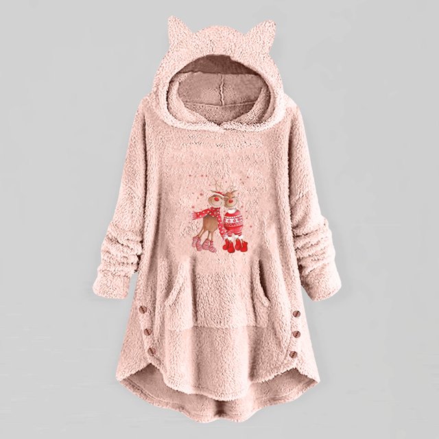 Puntoco Mujer Casual Navidad Impresión Felpa Botones Manga Larga Con Capucha Felpa Abrigo top Selecciones Flash Puntoco Puntoco-5444