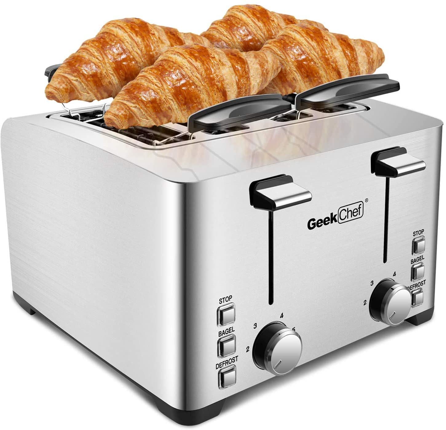 Black MIC Toaster 2 Slice Wide Slot 825 W 6 Browning Settings,Polished Stainless Steel Housing Toaster with Cancel/Bagel/Reheat/Defrost High-Lift