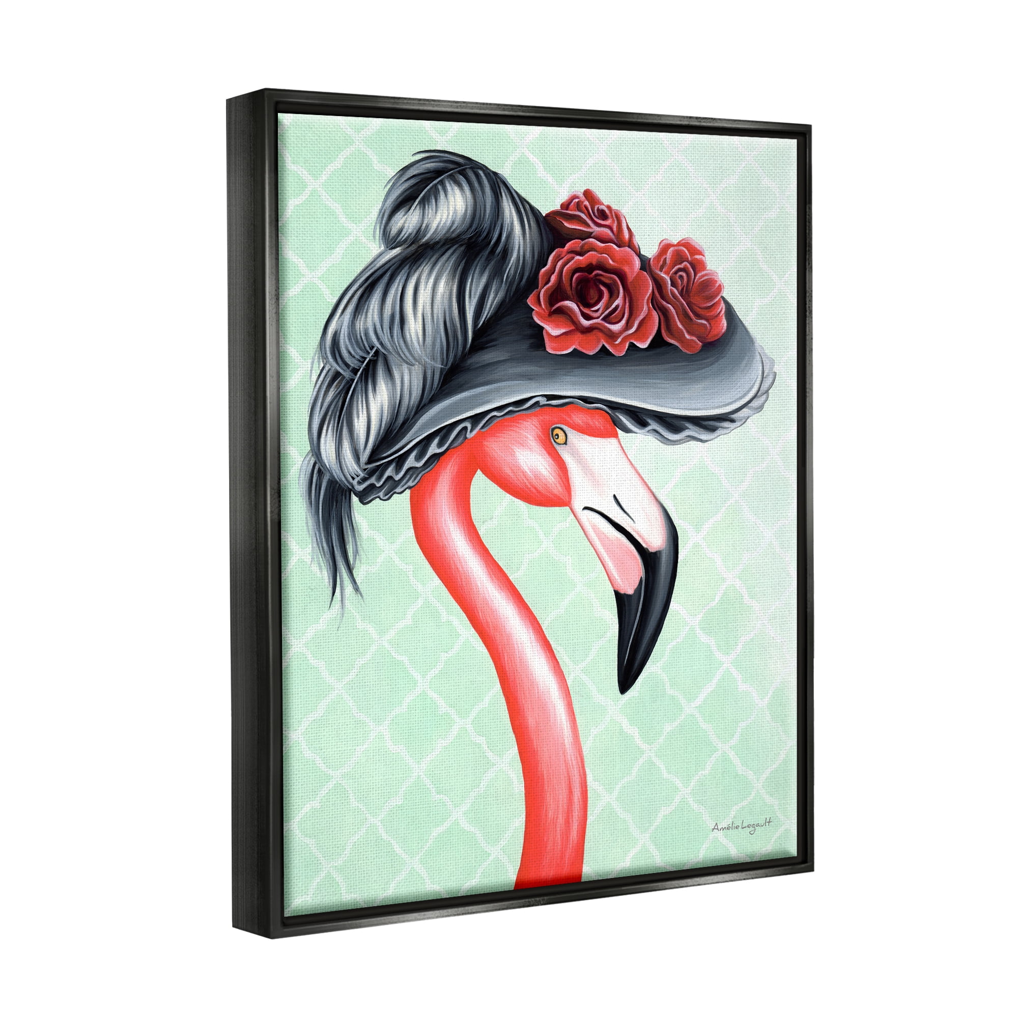 Stupell Industries Classy Flamingo Vintage Black Floral Hat Green Pattern Graphic Art Jet Black Floating Framed Canvas Print Wall Art, Design by Amelie Legault