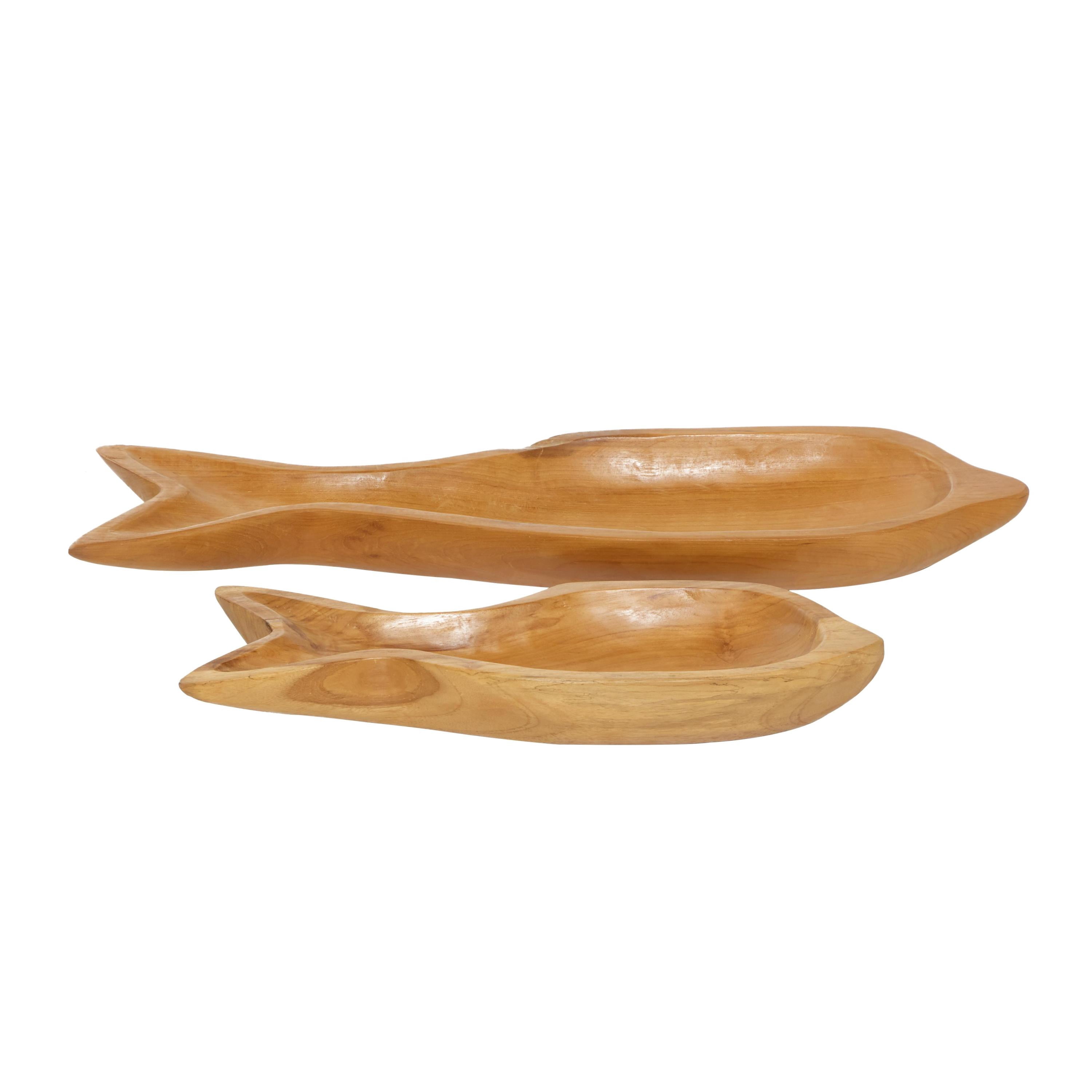 DecMode 24", 16"W Brown Teak Wood Handmade Fish Tray, 2-Pieces