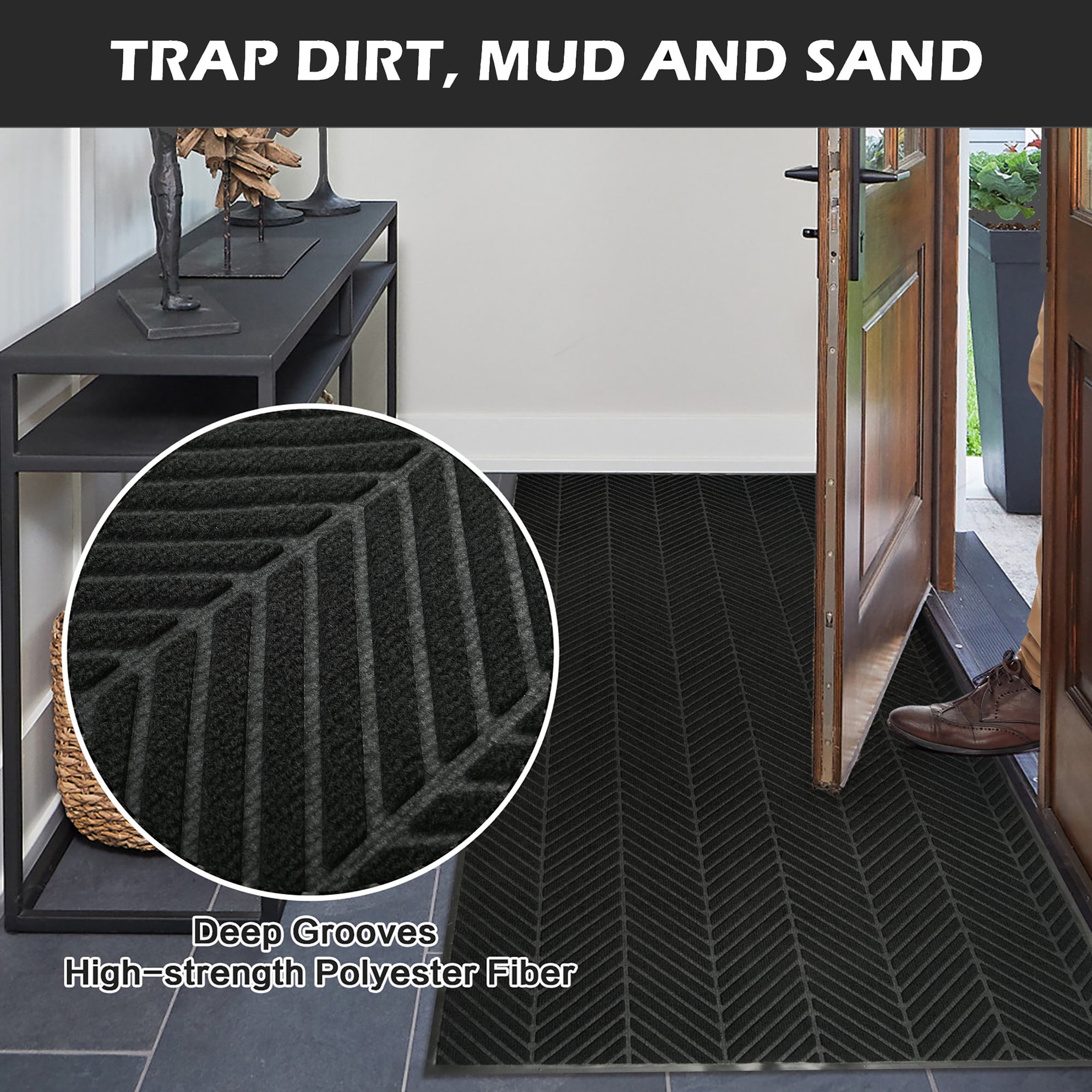 OVYEOFR 4 x 6 ft Striped Entrance Mat, Non Slip Hallway Runner Rug with Rubber Backing, Outdoor Indoor Industrial Carpet Door Mat, Black