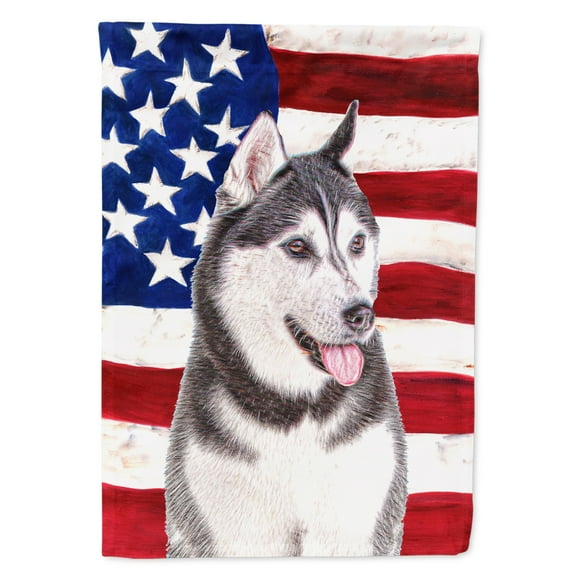 Carolines Treasures KJ1154CHF USA American Flag with Alaskan Malamute House Flag House Size multicolor