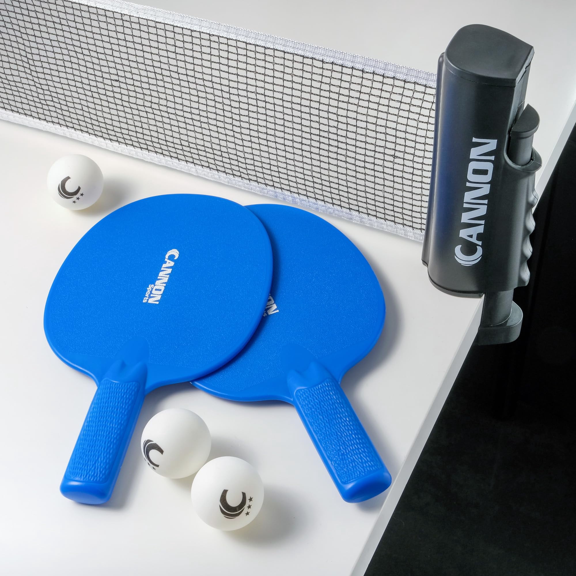 Cannon Sports Table Tennis Set – 2 Unbreakable Paddles, 6 3-Star Balls, Retractable Net & Carry Bag – Clamp-On Portable Ping Pong Net Fits Tables up to 2 Inch Thick, Extends to 6 Feet (Blue)
