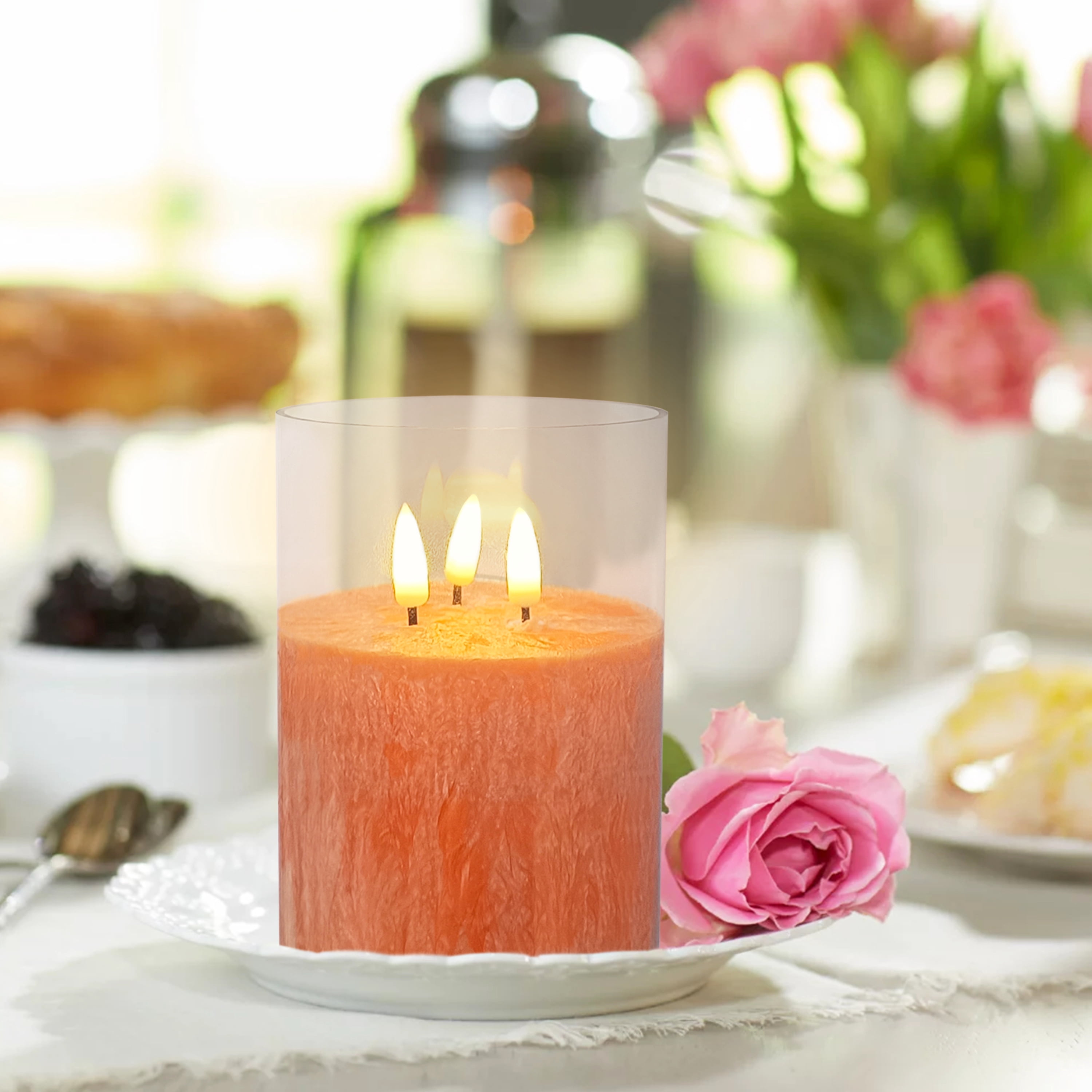 FCMSHAMD 5Inch Flameless Candle with 3 Wicks, Glass LED Pillar Candle, Real Wax Battery Operated Candle with Remote Control and Timer, Orange