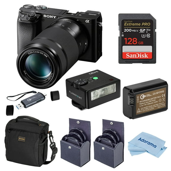 Sony Alpha a6100 Mirrorless Camera with 16-50mm & 55-210mm Lenses, Bundle with iM30 Mini Flash, 128GB SDXC Memory Card and NP-FW50 Battery