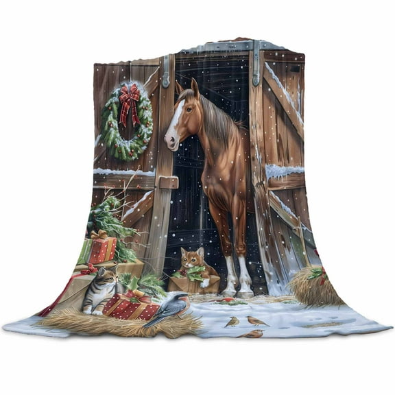 Farmhouse Horse Flannel Blanket for Bed,Travel and Camping, Branch Snowflake Christmas Wreath Christmas Super Soft Cozy Blanket for All Seasons 30"x40"