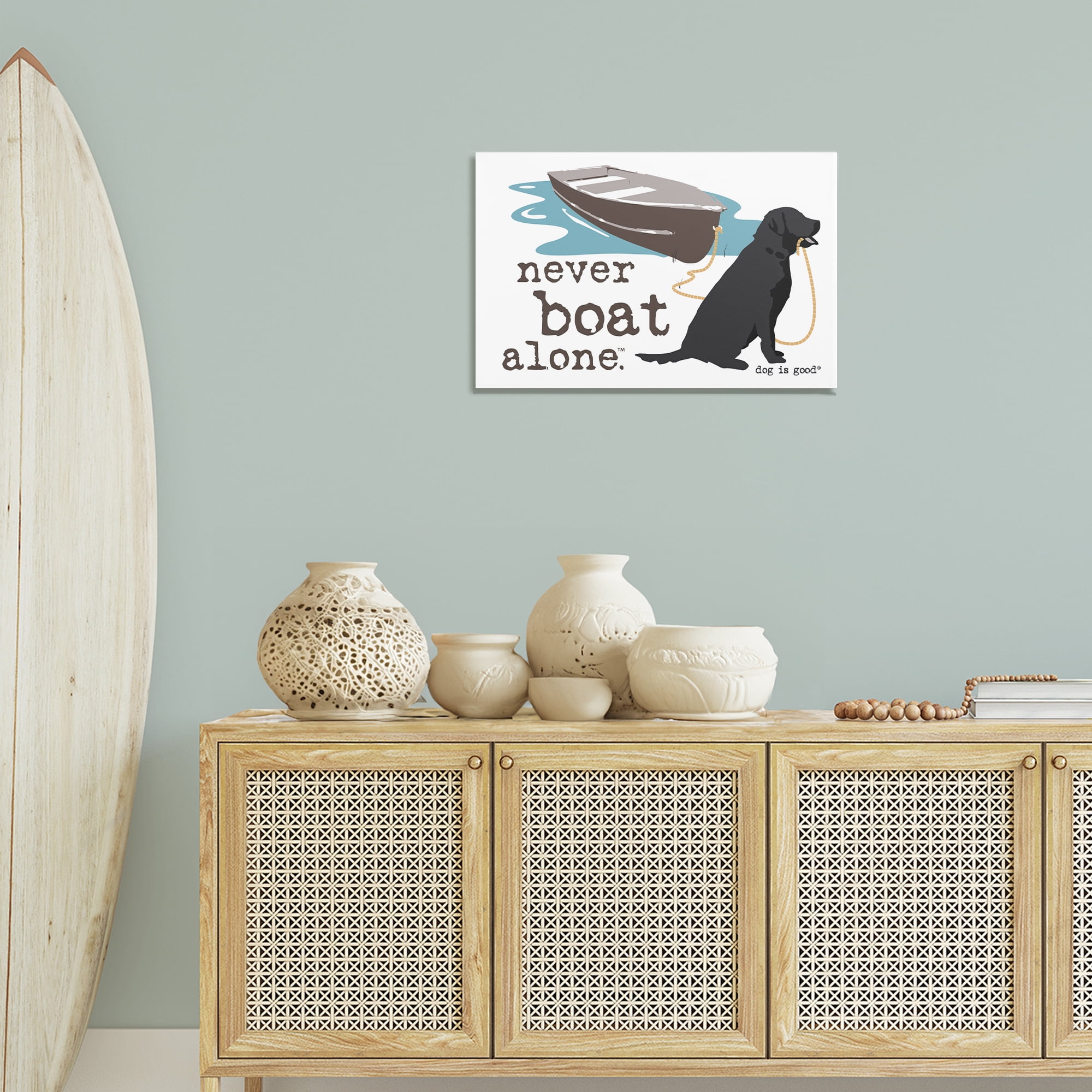 Stupell Industries Never Boat Alone Dog Animals Painting Wrapped Canvas Art Print Wall Art, 24 x 16