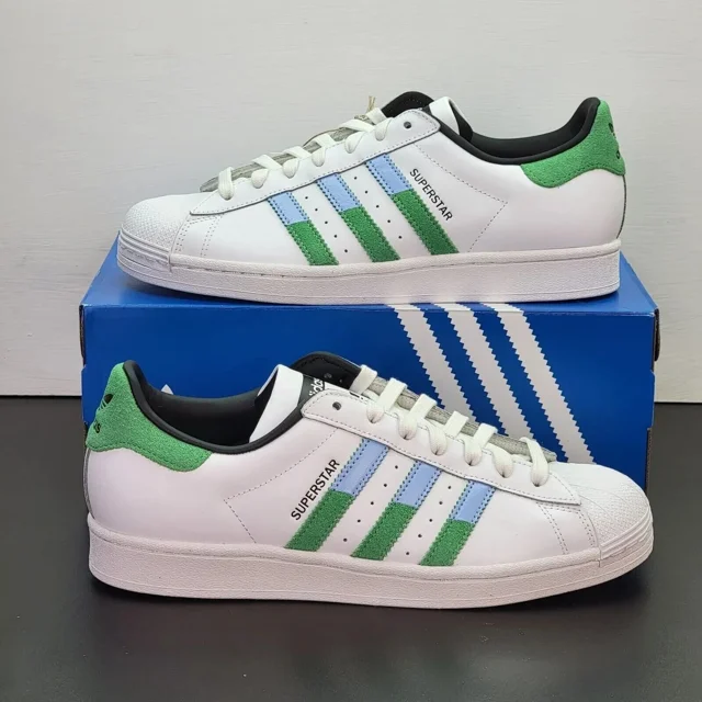 Adi-das Superstar Shoes Men's Size 9.5 White Green Blue Athletic Casual Sneakers