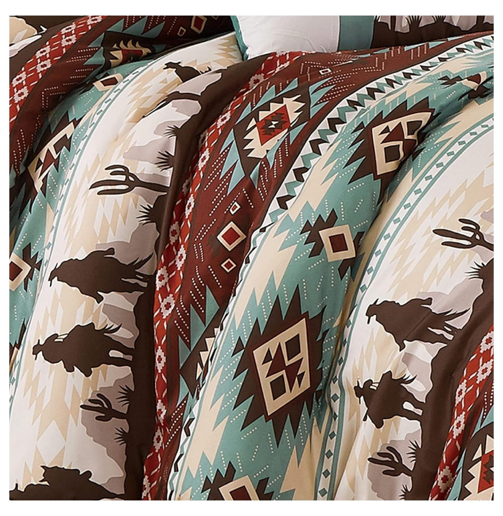 KeLiang Audun 3-Piece Southwestern Aztec Comforter Set - Multicolor Teal Brown Beige Tan Red Printed Washed Microfiber Bedding, Queen Size