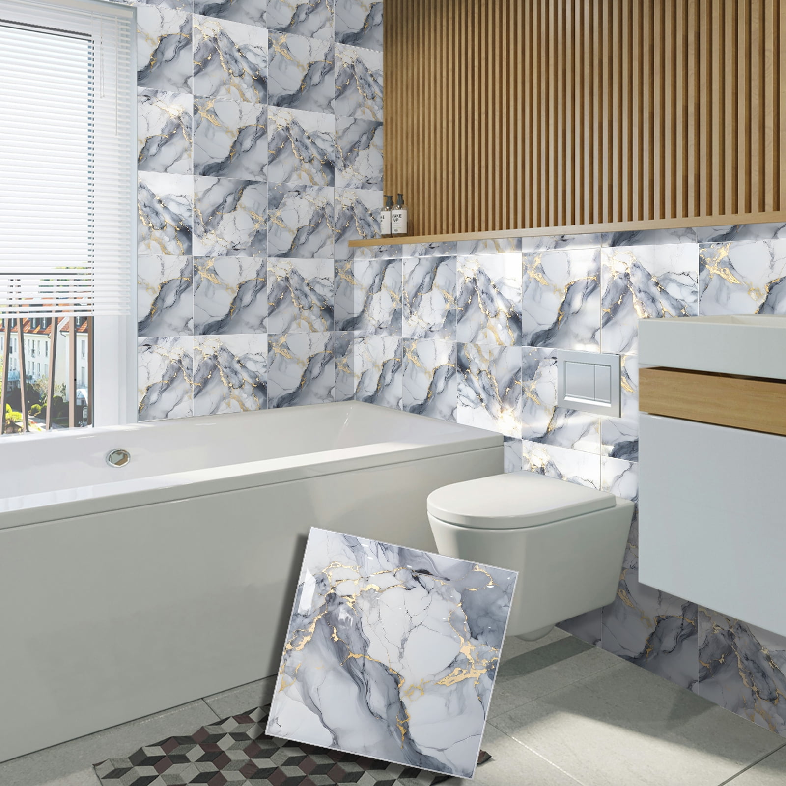 DEWOO 10pcs Peel and Stick Backsplash Wall Tile, Waterproof Peel and Stick Marble Wall Tiles, Self-Adhesive Panels for Bathroom, Kitchen, and Living Room (Dark Gray Marble,12"×12")