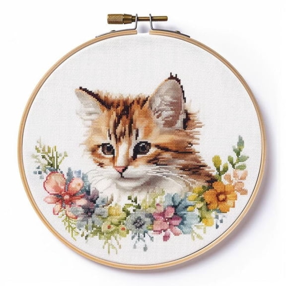 Counted Easy Cross Stitch Kits Flowers Kitten Color Stamped Embroidery for Starter Kits DIY 11CT Stamped Patterns Embroidery Needlework Kit Supplies 12 Inch Hoop Included(69-A)