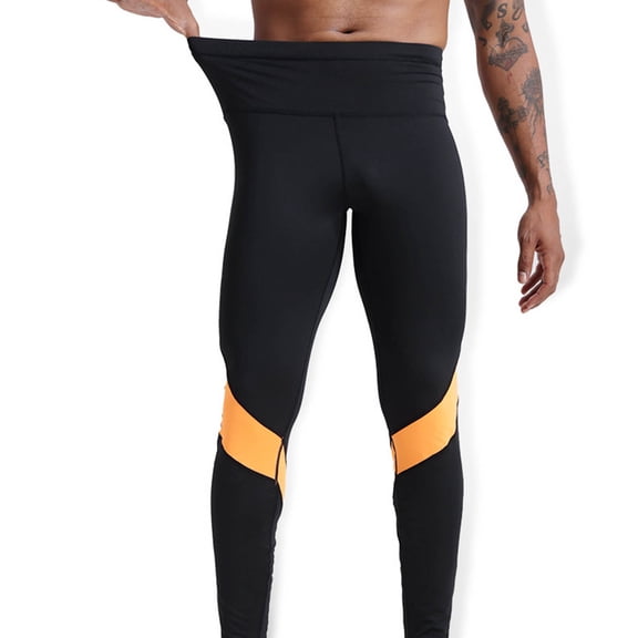 Mens High Waist Leggings Athletic Workout Thermal Underwear Pants Quick Dry Color Block Stretch Pants Black, 4XL