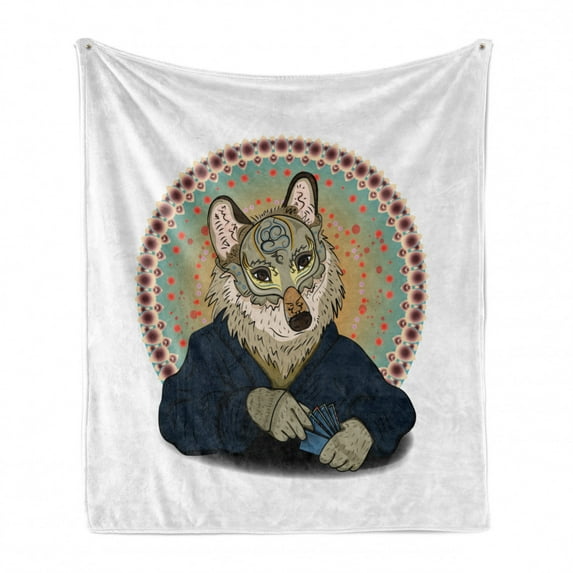 Dogs Playing Poker Soft Flannel Fleece Throw Blanket, Wolf and Gown Holding Card His Paw Bohemian Art Design, Cozy Plush for Indoor and Outdoor Use, 50" x 70", Multicolor, by Ambesonne