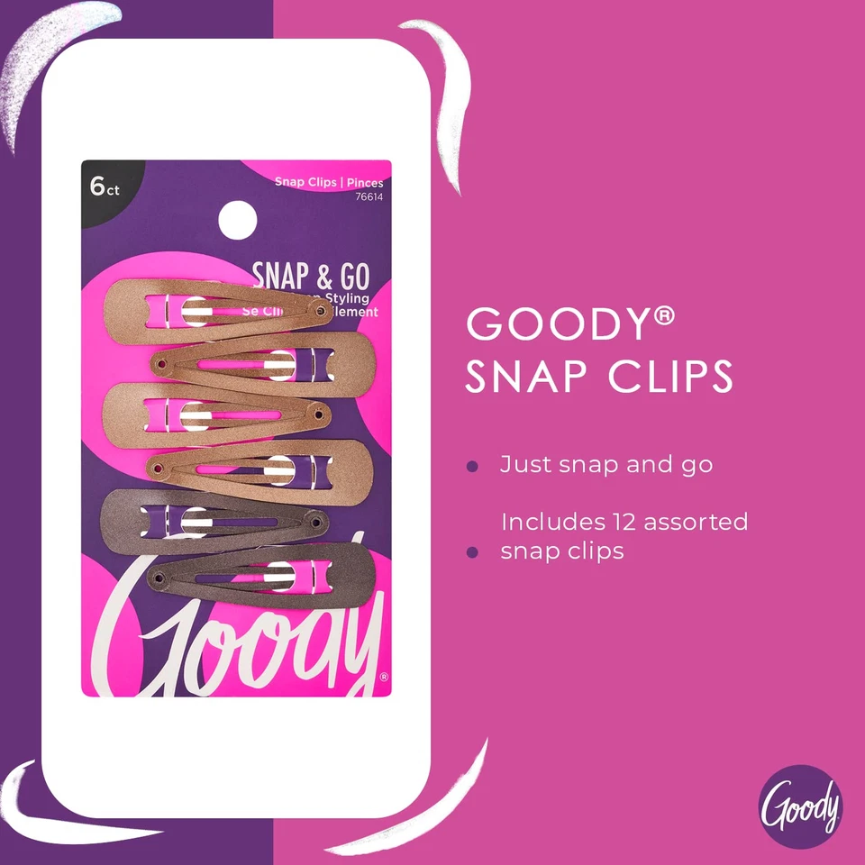 Goody Snap Hair Clips 6 Count Brunette Contour Styling Accessories