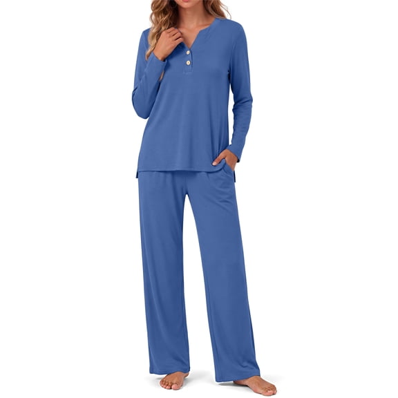 Fantaslook Women Pajamas Sets Long Sleeve V Neck Buttons Outfits and Casual Wide Leg Pants Lounge 2 Piece Sets withe Pockets