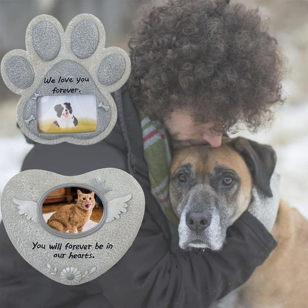 Lápida conmemorativa con huella de pata para mascotas, con espacio para foto, ideal como recuerdo de la pérdida de una mascota. Para perros o gatos, perfecta para exteriores. Lápida