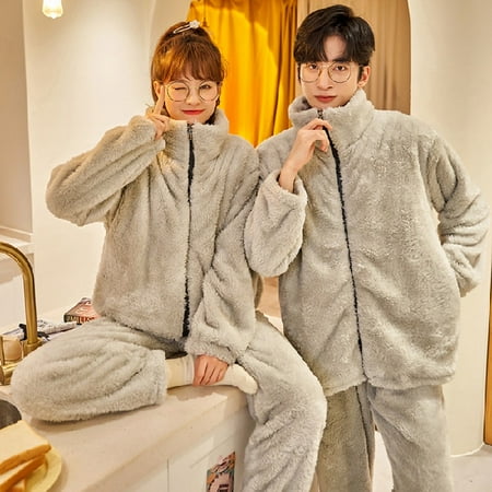 

DanceeMangoo Autumn Winter Warm Flannel Zipper Couple Pajamas Set Women Sleepwear Family Pijama Lover Homewear Cloth Women Casual Men Pyjamas