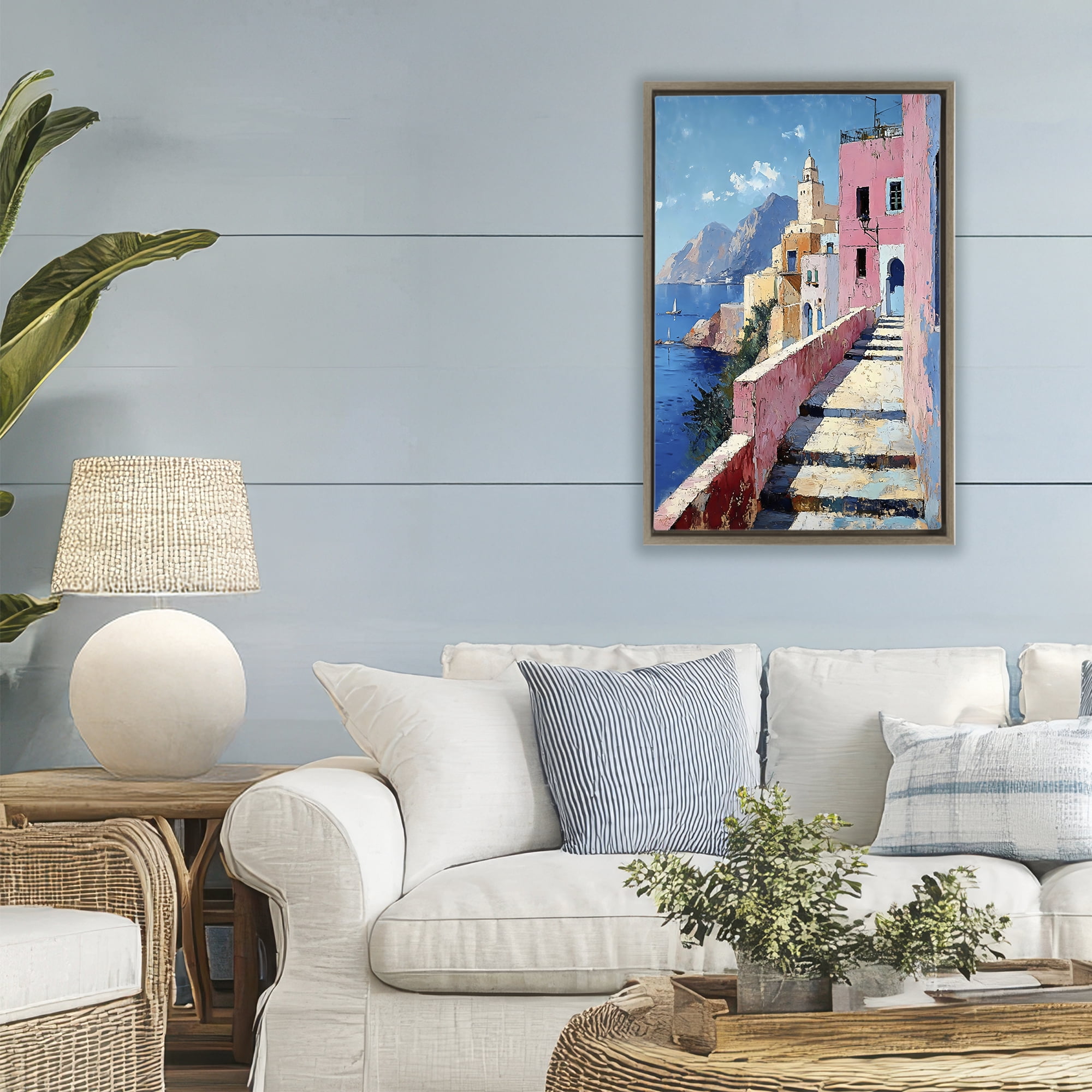 Stupell Industries Coastal Village's Sunlit Pathway Brown Framed Floater Canvas Wall Art, design by Creative Studio