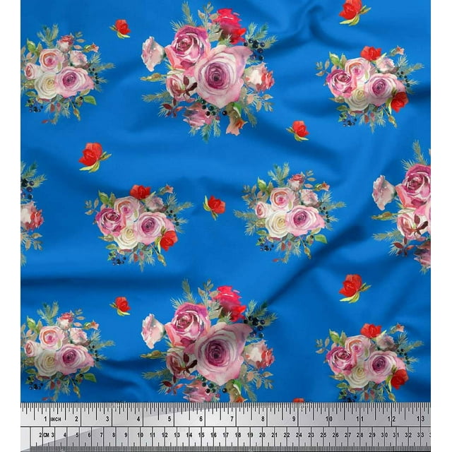 Soimoi Tissu Viscose Georgette Bleu Imprimé Feuilles d'Épices & Roses au Mètre 42 Pouces de Large