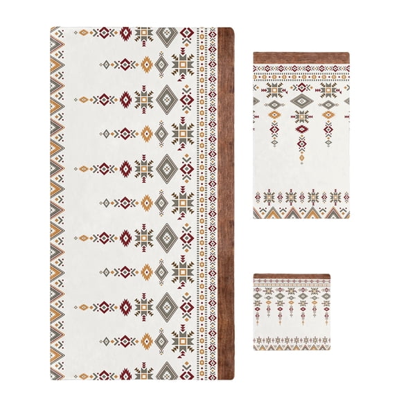 Southwest Geometric Towel Set of 3, Soft Microfiber Bath Towels, Hand Towel, Washcloths, Western Boho Ethnic Beige Grey Wooden Quick-Dry Absorbent Towels for Bathroom Kitchen Hotel Beach Gym Spa