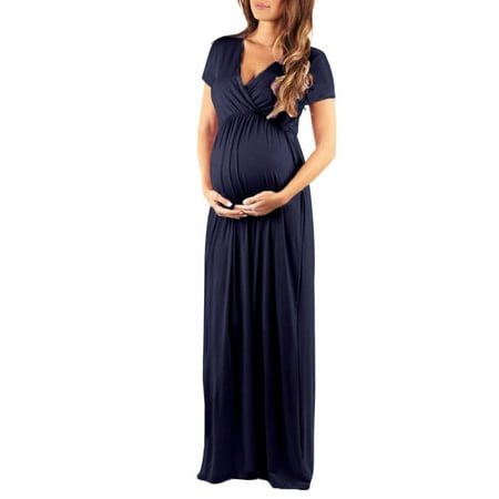 

Women Pregnant Maternity Casual Dress V-neck Short Sleeve Super Long Loose Pregnant Woman Dresses Solid Color M Purplish Blue
