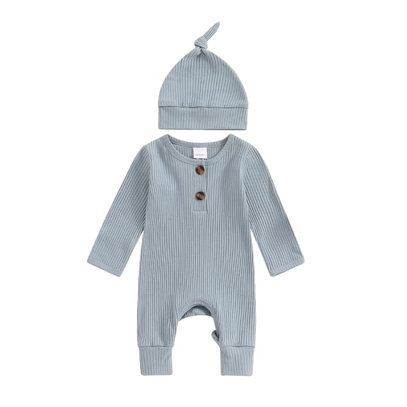 Cenuakty Toddler Newborn Outfit Adorable Solid Color Long Sleeve Round Neck Jumpsuit and Hat Set