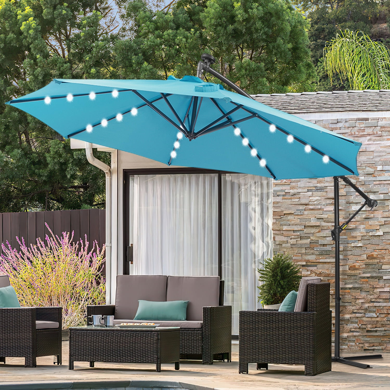 Kepooman 10ft Solar LED Patio Umbrella, Market Outdoor Table Umbrella with 32 LED Lights for Garden, Backyard & Pool, Blue Kepooman 10ft Solar LED Patio Umbrella, Market Outdoor Table Umbrella with 32 LED Lights for Garden, Backyard & Pool, Blue