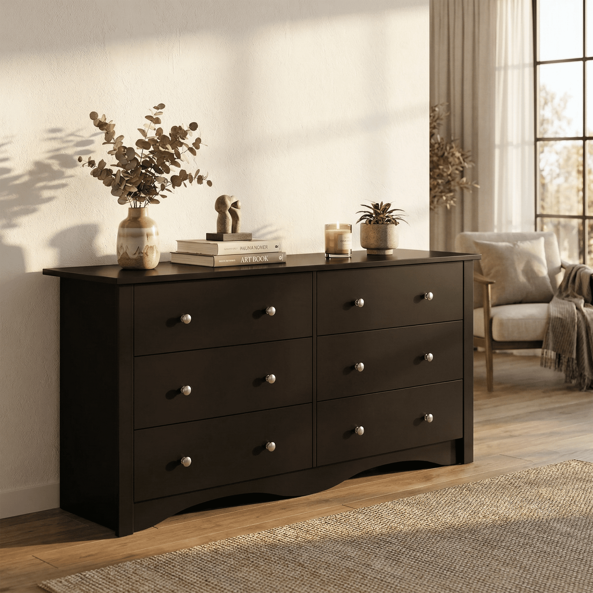 Homall 6 Drawer Double Dresser, Modern Chest of Drawers, Wood Storage Cabinet for Bedroom & Living Room, Black