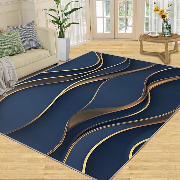 Navy Blue Gold Rugs for Bedroom, Wave Texture Washable Rug, Indoor Modern Abstract Carpet, Rugs for Living Room, Elegant Layered Design Area Rug Non Slip & Low-Pile 2 x 3ft
