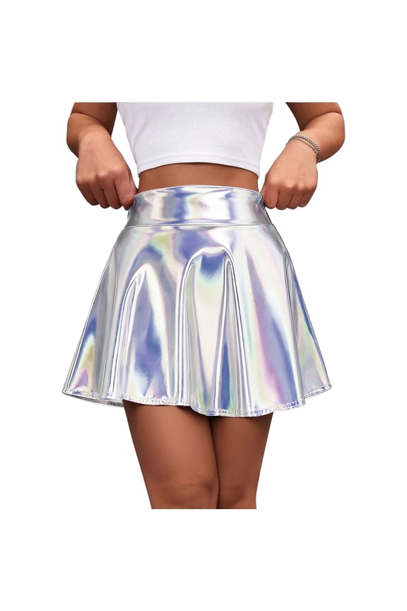 Shiny Pleated Mini Skirt Metallic Skater Skirt Great for Concerts and Cheerleader-Classic Style, Sparkly SkirtPartyClub Fashion Women's Summer Solid High Elastic Waist Mini Casual Skirts