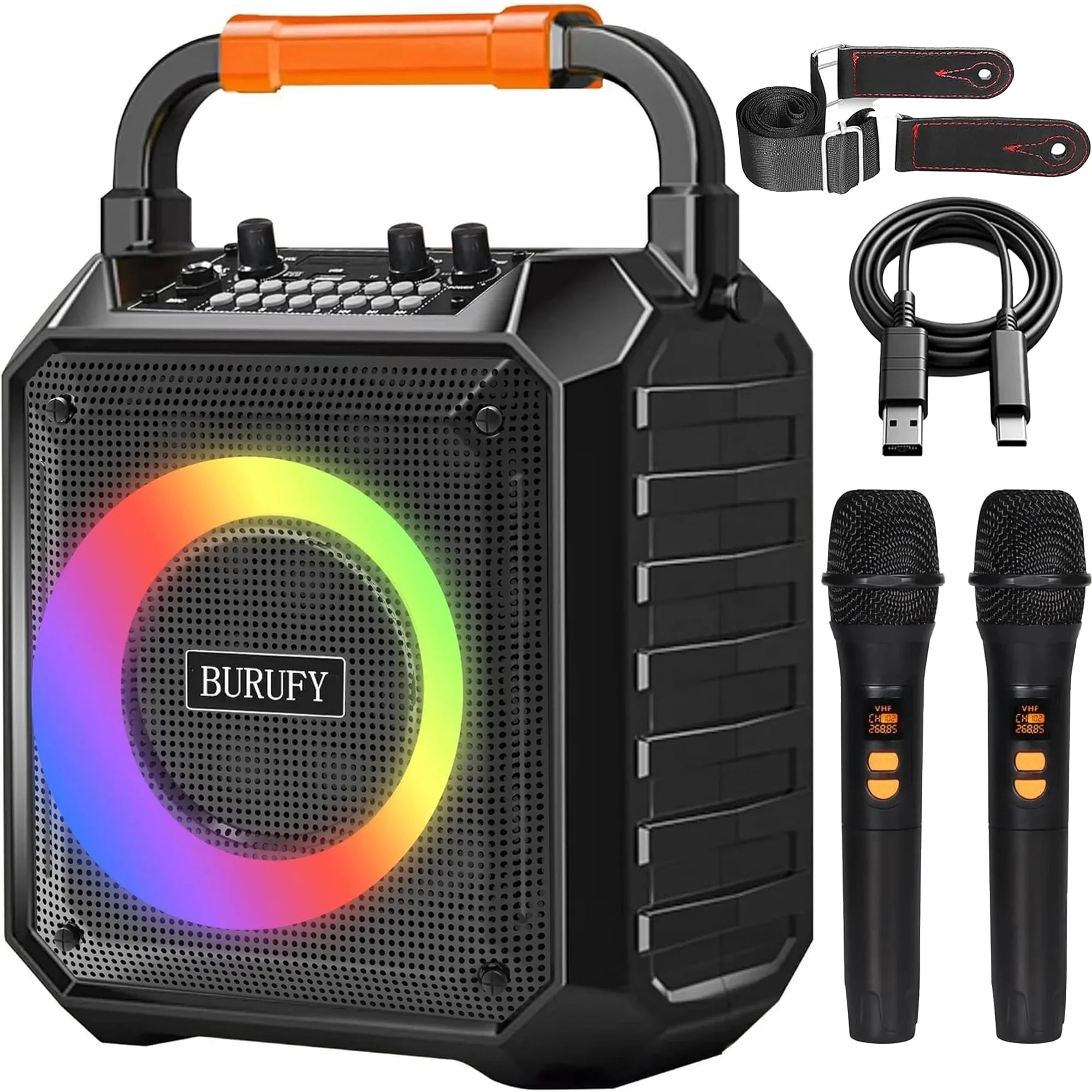 Burufy Karaoke Machine for Adults Kids, Home Karaoke System with 2 Microphones, Portable Bluetooth Speaker with Party Light