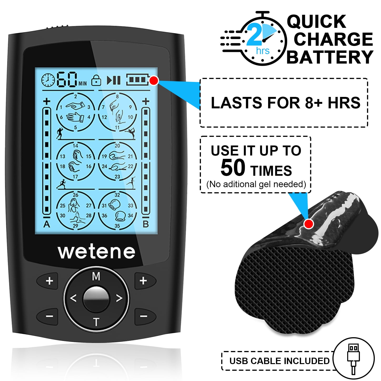 Wetene TENS Unit Rechargeable Muscle Stimulator EMS Dual Channel with 10 Reusable Electrode Pads 36 Modes for Back Neck Pain Muscle Therapy Pain Management Pulse Massager