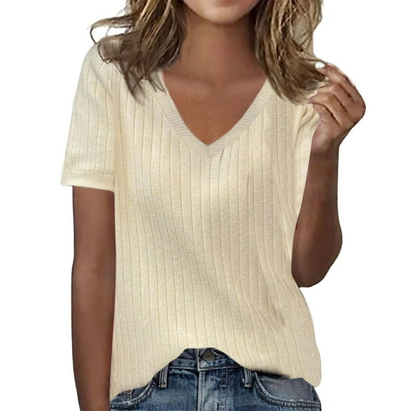 Seductiva Women's T-Shirts Short Sleeve Summer Tops Knitted Short Sleeve Women's Slim and Versatile Striped Shirt Solid Color Knitted Casual Summer Tops Trendy Solid Loose Fit Tshirt Basic Tees