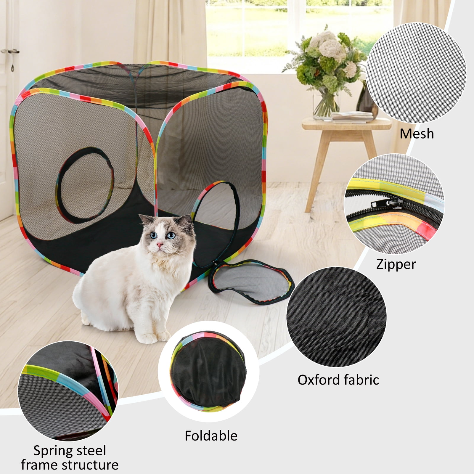Portable Collapsible Cat Playpen, Escape-Proof Heavy-Duty Mesh Cat Enclosure, Fully Enclosed Cat Cube for Indoor Outdoor Use, Ideal for Kittens and Small Pets