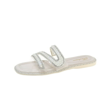 

Slippers for Women Fashion Spring Summer Women Slippers Rhinestone Transparent Belt Soft Bottom Comfortable Flat Bottom House Slippers Pu 42