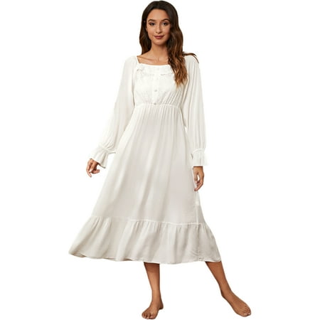 

Women s Semi Sheer Victorian Nightgown Long Sleeve Hollow out Chest Pajamas Nightwear Slim Fit Lounge Dress Square Neckline Button up Full Length Swing Dress Date Dress Outfit S-XL White