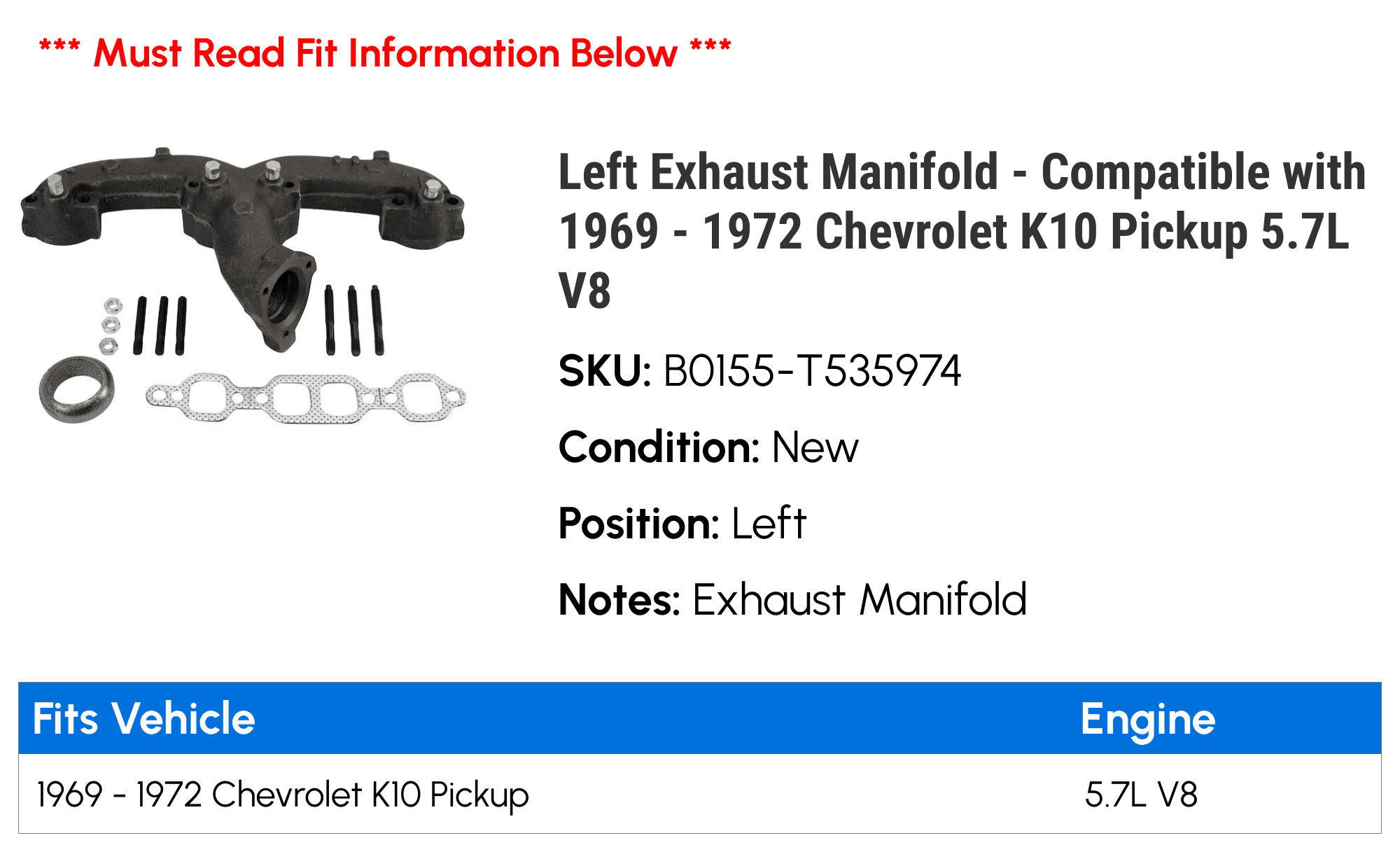Left Exhaust Manifold - Compatible with 1969 - 1972 Chevy K10 Pickup 5.7L V8 1970 1971